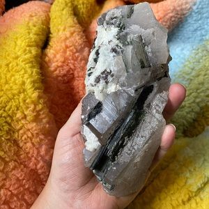 Large clear quartz with green tourmaline healing